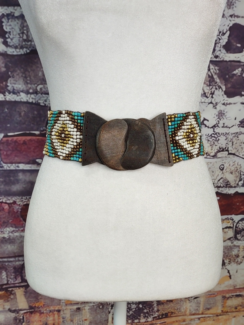 Beaded Turquoise & Brown Wood Buckle Waist Belt